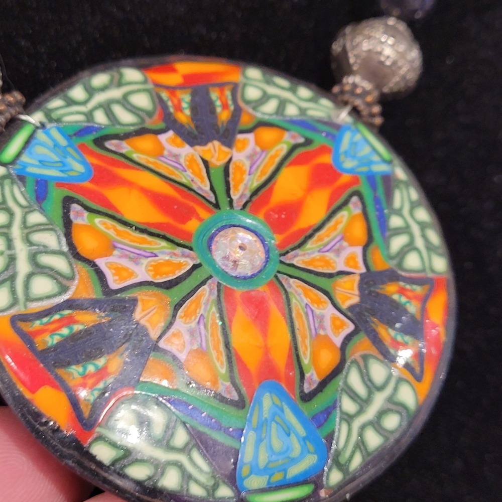 VTG Signed Maia‎ Horvath Gemstone Painted Art Glass Pendant Necklace 24" Chunky